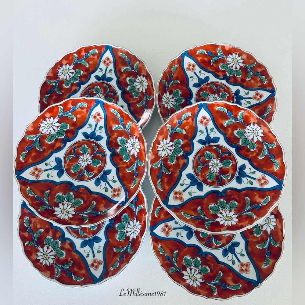 Vintage Set of 6 Takahashi San Francisco Plates  Hand Painted Daisy Rust Navy